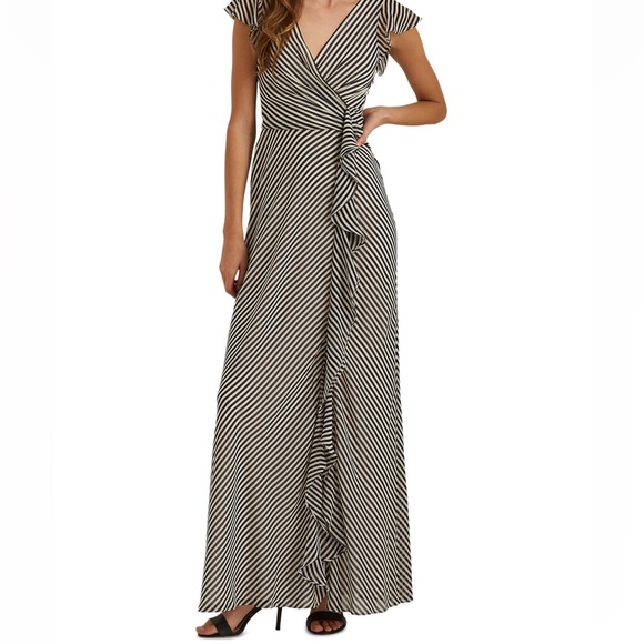 Lauren Ralph Lauren Stripe V-Neck Ruffle trim gown - Picture 1 of 3